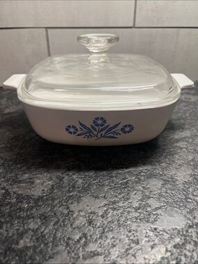 1qt Corningware Casserole Dish with Cornflower Blue Floral Motif and Glass Lid